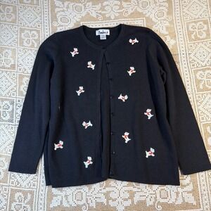 Ambra Black Westie Terrier Dog Embroidered Button Cardigan Sweater XL Grannycore